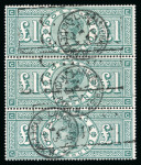 Stamp of Great Britain » 1855-1900 Surface Printed » 1887-1900 Jubilee Issue & 1891 £1 Green GB 1891 £1 green used vertical strip of three (top stamp reattached) with "Lancaster Street / Hyde Park" cds and "G.P.O" boxed hs cancels