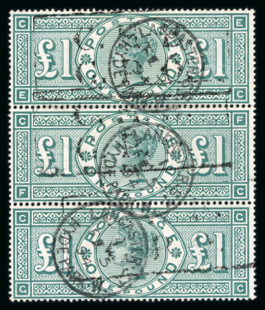 Stamp of Great Britain » 1855-1900 Surface Printed » 1887-1900 Jubilee Issue & 1891 £1 Green GB 1891 £1 green used vertical strip of three (top stamp reattached) with "Lancaster Street / Hyde Park" cds and "G.P.O" boxed hs cancels