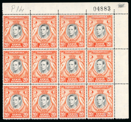 Stamp of Kenya, Uganda and Tanganyika » Kenya, Uganda and Tanganyika 1938-54 20c perf.14 unmounted mint corner block of twelve.