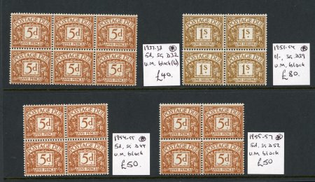 Stamp of Great Britain » Postage Dues Postage Dues; 1937-38 5d blocks of six, and blocks of four, , and a strip of three, all unmounted mint with normal watermark. SG D32, cat.£17 x 61 = £1,037. Mainly fine