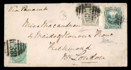 Stamp of Great Britain » British Post Offices Abroad » Peru Callao: 1877 (Nov 13) envelope from Callao to England with Peru 10c in combination with GB 1873 6d grey pl.14 and 1873-77 1s green pl.12