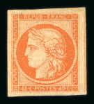 Stamp of France » Type Cérès de 1849-1850 1850, n°5 Cérès 40c orange neuf avec grand voisin latéral.