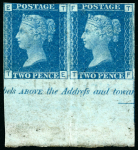 Stamp of Great Britain » 1854-70 Perforated Line Engraved 1854-70 2d. Blue, Pl. 13, TE-TF imperf. lower marginal pair on Dr Perkins Blued safety paper
