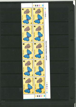 Stamp of British Solomon Islands 1980 butterflies 45c, watermark crown right of CA, block of ten, unmounted mint.