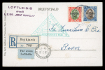 Stamp of Aerophilately » Zeppelins Iceland: 1931 Zeppelin 30 aur and 1 kr fine used on picture postcard with green triangular Zeppelin cachet alongside