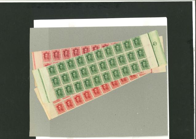 Stamp of Spain 1922 5c purple, 10c carmine, 10c deep green in unmountedmint blocks of 30.
