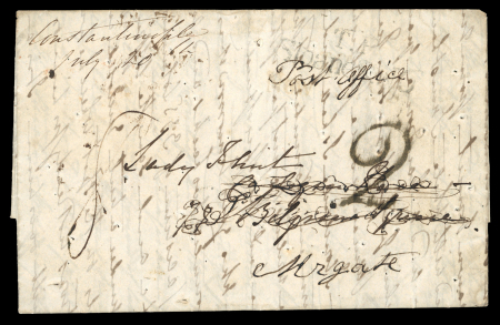 Stamp of British Levant  1879 stampless disinfected entire from Constantinople to London.