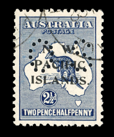 Stamp of New Guinea Officials: 1919-23 Group of 13 used "OS" perfins incl. Roo 2 1/2d indigo