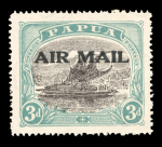 Stamp of Papua 1929 "AIR MAIL" 3d sepia-black and bright blue-green with overprint double, one albino variety, mint