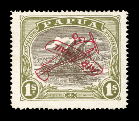 Stamp of Papua 1930 Air Mail ovpt in red on 1s sepia & olive with inverted overprint variety, mint