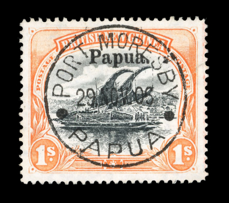 Stamp of Papua 1906 wmk vertical 1s black & orange on thin paper, comb perf., used