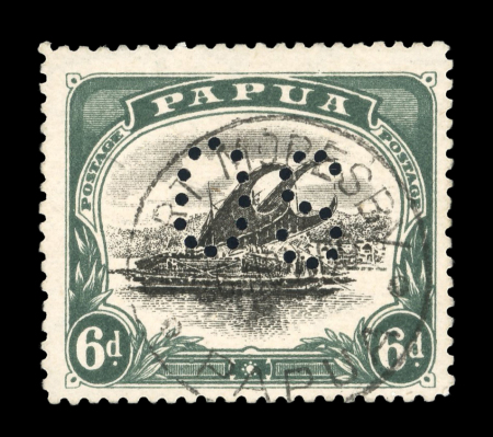 Stamp of Papua Papua Officials: 1908 6d black & myrtle-green perf. 12 1/2 with "OS" puncture, neatly used