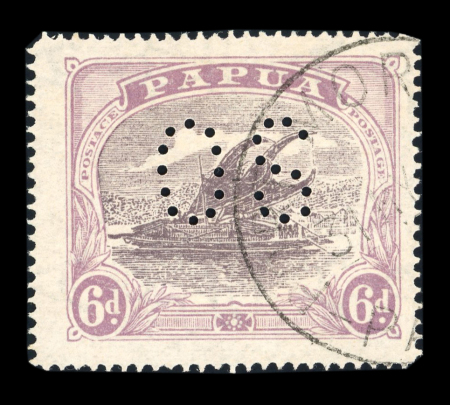 Stamp of Papua Officials: 1930 6d dull purple and pale purple with "POSTACE" variety at left, cancelled-to-order