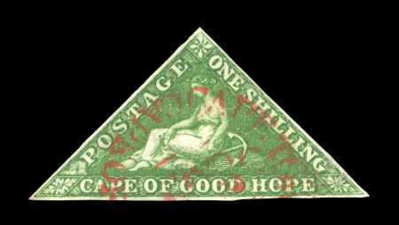 Stamp of South Africa » Cape of Good Hope 1858 1s bright yellow-green cancelled by amazing "CAPE TOWN / CAPE OF GOOD HOPE" datestamp in bright red