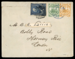 Stamp of Samoa 1890ca. envelope to England with 1886-1900 1d and 2d tied by blue Appia cds in combination with USA 1888 5c indigo James Garfield