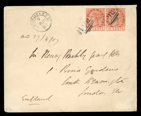 Stamp of Seychelles 1887 (Jun 8) envelope to England with Mauritius 1883-90 16c chestnut pair tied by "B64" barred ovals