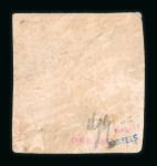 Stamp of Romania » 1858 Moldavian Bull's (21 July) Handstruck at Jassy on wove paper (81pa.) or laid paper (other values). 1858 Bull's Head 27 parale black on rose horizontally laid paper, used example with good to large margins all round