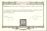 Stamp of Romania » 1858 Moldavian Bull's (21 July) Handstruck at Jassy on wove paper (81pa.) or laid paper (other values). 1858 Bull's Head 108 parale blue on pale pink horizontally laid paper, a used example