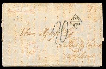 Stamp of Hong Kong 1869 (Mar 9) stampless entire from Hong Kong to France with "GB / 1F66c" diamond accountancy hs and French "20" decimes tax hs