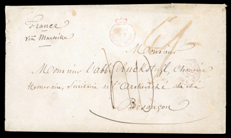 Stamp of Hong Kong 1856 (Jul 23) envelope to France with very fine strike of the Crown Circle "PAID / AT / HONG KONG" (SG type CC3) in red