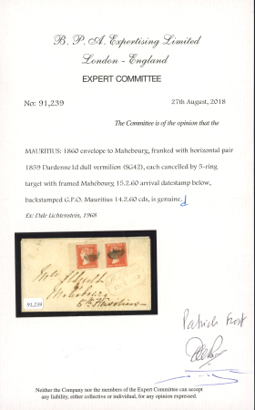 1859 Dardenne 1d dull vermilion pair used on internal cover from Port Louis to the 5th Fusiliers at Mahébourg