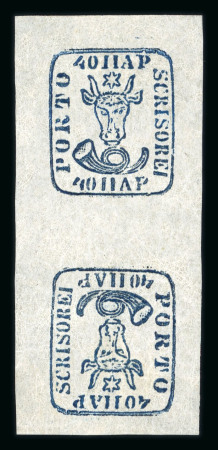 Stamp of Romania » 1858 (1st Nov.) - 1861 Moldavia - Handstruck at Jassy - Imperforate 1858 Bull's Head 40 parale deep blue on white paper, an unused tête-bêche pair in a rich shade
