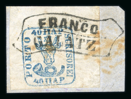 Stamp of Romania » 1858 (1st Nov.) - 1861 Moldavia - Handstruck at Jassy - Imperforate 1858 Bull's Head 40 parale blue on bluish paper on small fragment