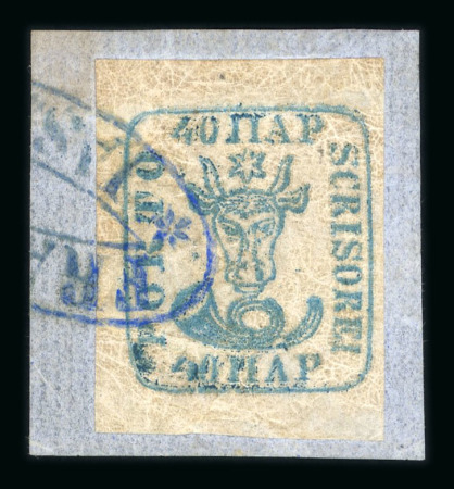 Stamp of Romania » 1858 (1st Nov.) - 1861 Moldavia - Handstruck at Jassy - Imperforate 1858 Bull's Head 40 parale blue on white paper, on small fragment cancelled by a fragment of the FRANCO JASSY in violet