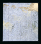 Stamp of Romania » 1858 (1st Nov.) - 1861 Moldavia - Handstruck at Jassy - Imperforate 1858 Bull's Head 40 parale blue on white paper, on small fragment cancelled by a fragment of the FRANCO JASSY in violet