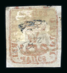 Stamp of Romania » 1858 (1st Nov.) - 1861 Moldavia - Handstruck at Jassy - Imperforate 80 parale brick red on BLUISH paper, a good margined example cancelled by the FRANCO GALATZ