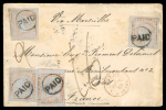 Stamp of Mauritius » 1848-59 Post Paid Issue 1848-59 Post Paid 1d red on bluish, worn impression, four very fine examples with full to wide margins all around used on 1860 cover Port Louis to Paris