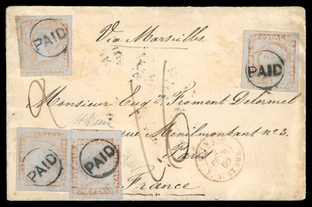 Stamp of Mauritius » 1848-59 Post Paid Issue 1848-59 Post Paid 1d red on bluish, worn impression, four very fine examples with full to wide margins all around used on 1860 cover Port Louis to Paris