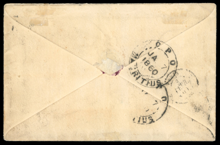 1848-59 Post Paid 1d red on bluish, worn impression, four very fine examples with full to wide margins all around used on 1860 cover Port Louis to Paris