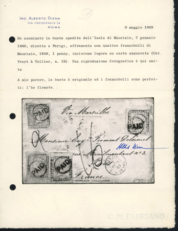 1848-59 Post Paid 1d red on bluish, worn impression, four very fine examples with full to wide margins all around used on 1860 cover Port Louis to Paris