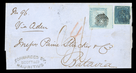 Stamp of Mauritius » 1859 Lapirot Issue 1859 Lapirot 2d blue on bluish, worn impression, position 7, used in combination with Britannia 6d blue on folded cover Port Louis to Batavia