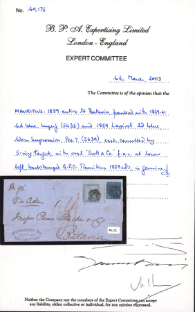 1859 Lapirot 2d blue on bluish, worn impression, position 7, used in combination with Britannia 6d blue on folded cover Port Louis to Batavia