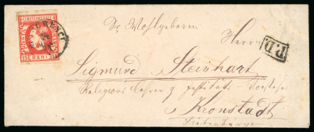 Stamp of Romania » King Carol 1869 - "Without Beard" Imperforate 15 bani vermilion Prince Carol on small cover with special reduced near border rate.