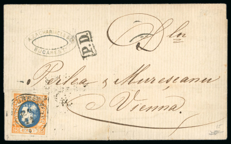 Stamp of Romania » King Carol 1869 - "Without Beard" Imperforate 25 bani orange/greenish blue Prince Carol on cover sent on 24/11/1870 from Bucharest to Vienna