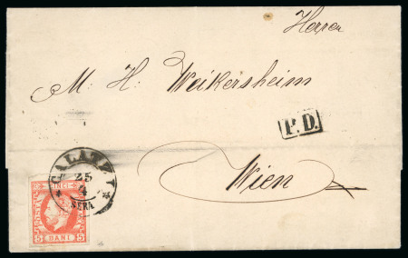 Stamp of Romania » King Carol 1871 - "With Beard" Imperforate 5 bani vermilion Prince Carol on foreign printed matter sent on 25/4 (1871) from Galati to Vienna, Austria
