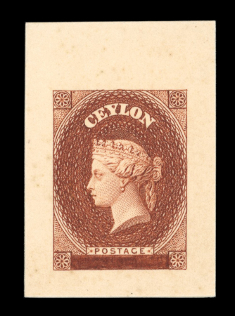 Stamp of Ceylon 1929 reprint proof of the Chalon head with duty tablet erased, two examples with one in brown and one in black