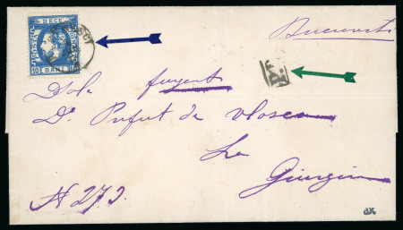 Stamp of Romania » 1872 Prince Carol I - Perforated 10 bani blue perforated Prince Carol, a fine stamp on cover sent on 4/6/1872 from Bucharest to Giurgiu