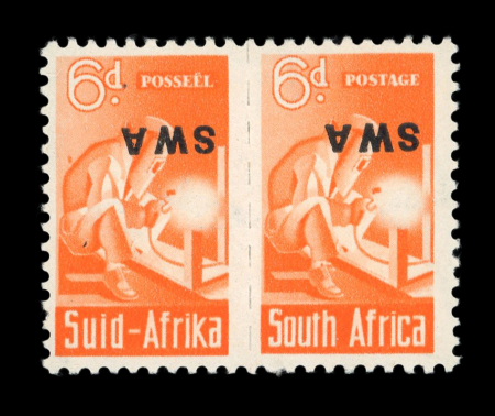 Stamp of South West Africa 1943-44 War Effort (inscribed alternately) 6d mint n.h. pair with inverted overprint