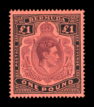Stamp of Bermuda 1938-53 £1 deep reddish purple & black on pale red with gash in chin variety mint