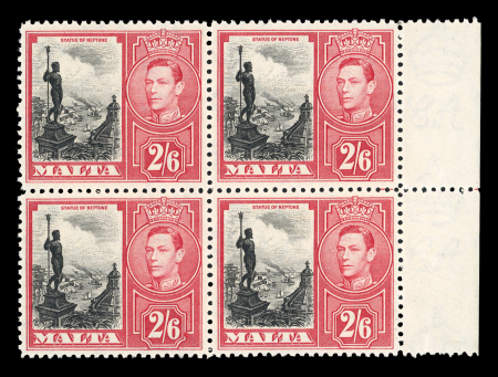 Stamp of Malta 1938-43 2s6d with damaged value table variety in mint n.h. right marginal block of four