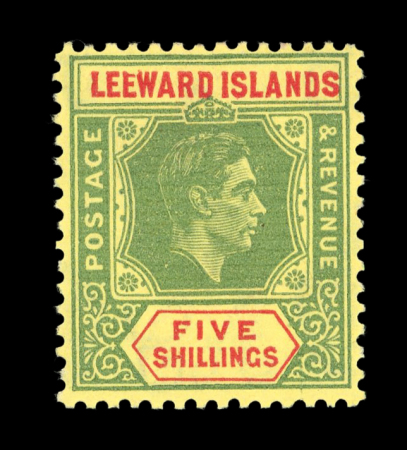 Stamp of Leeward Islands 1938-51 5s green & red on yellow on ordinary paper, mint l.h., showing variety broken "E"