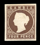 Stamp of Gambia 1869 4d brown, good to large margins, mint o.g.