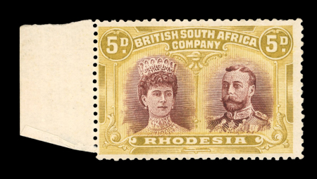 Stamp of Rhodesia 1910-13 Double Heads 5d purple-brown and ochre error of colour, mint left marginal