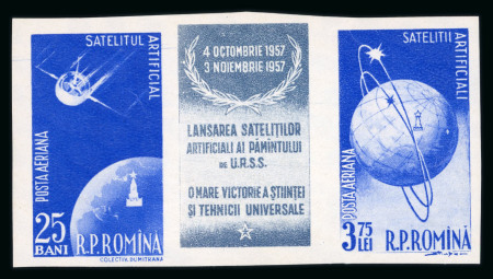 Stamp of Romania » Later Issues 1957 Russian satellite launch Sputnik I, two proof strips on gummed watermarked paper