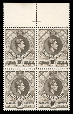 Stamp of Swaziland 1938-54 1/2d to 10s set of 11 in mint n.h. top marginal blocks of four