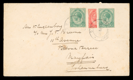 Stamp of South Africa » Union & Republic of South Africa 1921 envelope to Johannesburg with 1913-24 1d bisect along with two 1/2d tied by Natalspruit cds